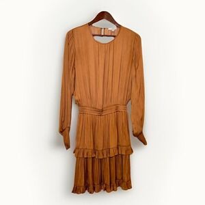Giani Bernini Tan ruffle midlength dress Sz Medium Silky long sleeves, ruffles